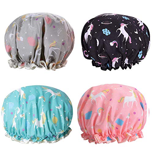 Shower Caps, Reusable Bath Cap Designed for Women Waterproof Double Layer (4 Pack)