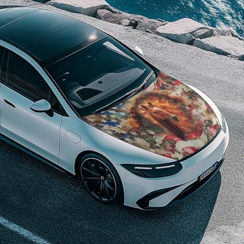 Image of Car Hood Cover Horse American Flag Print Car Hood Wraps Auto Banner Stretchable Auto Decorative Accessories for Compact Sedans SUV Trucks (59x39 Inch)