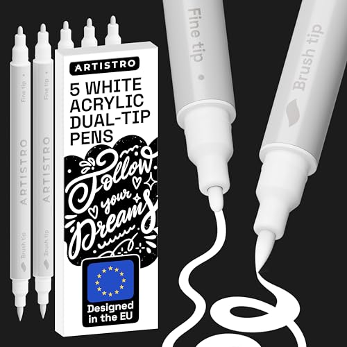 ARTISTRO 5 White Acrylic Paint Pens Dual Tip (Brush & Fine) Markers for Fabric Canvas Rock Glass Wood Calligraphy Scrapbook Supplies DIY & Gift for Kids Teens - Art Set