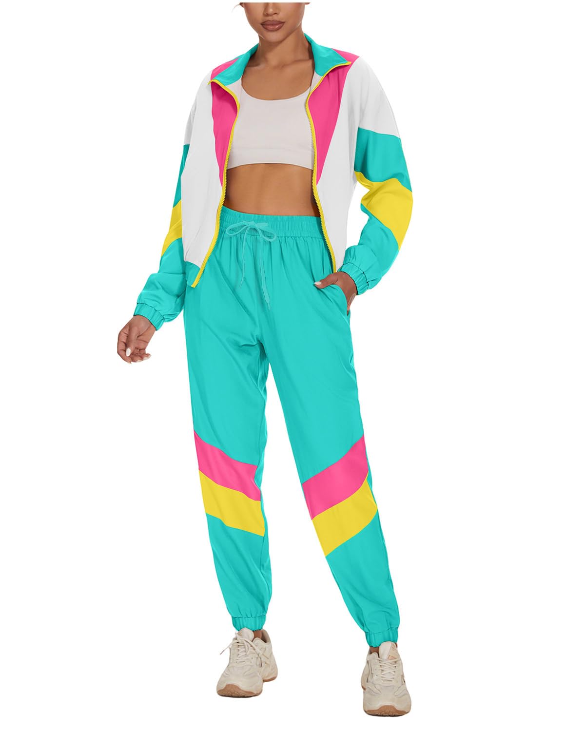 Women's Color Block 2 Piece 80s 90s Outfits Long Sleeve Windbreaker Jacket Tracksuit Set