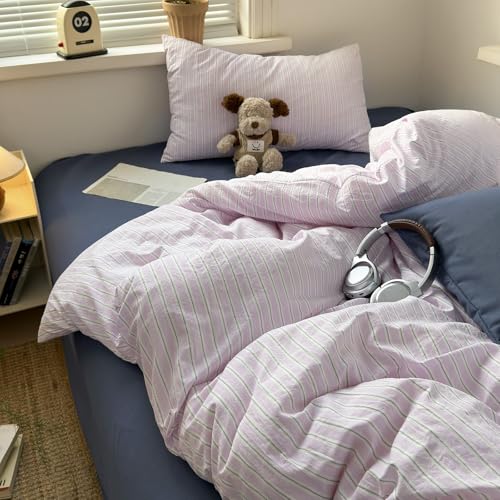 Image of MKXI Queen Size Pink Gray Striped Duvet Cover Set - 3 Piece Vintage Aesthetic Bedding, Lightweight Breathable Comforter Cover, Romantic Soft Stripe Bedroom Decor with Zipper Closure