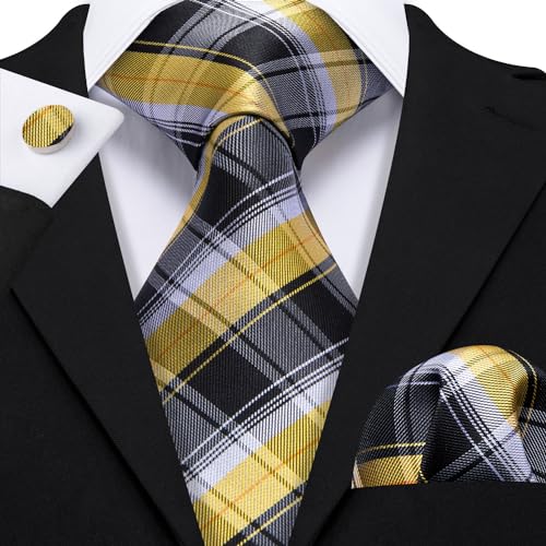 Image of Barry.Wang Mens Tie Set Plaid Check Neckties Formal Business Wedding Luxury Pocket Square Cufflinks