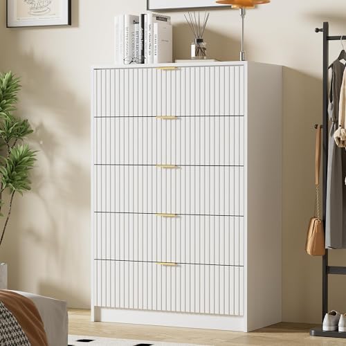 Image of Furniway White Dresser Bedroom Set 3 Pieces, Nightstands Sets of 2, 5 Drawer Dresser with Gold Handles for Bedroom