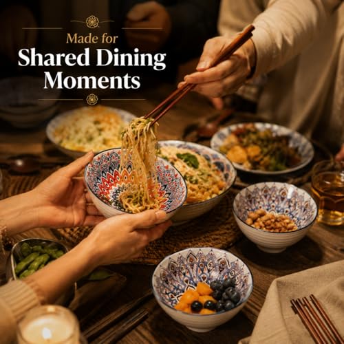 Image of Japanese Ceramic Bowl Set of 4 with Gift Box | 300ml Soup Rice Snack Dessert Bowls, Hand Painted Mandala Patterned Bowls | Microwave & Dishwasher Safe Serving Bowls (Mandala Muse)