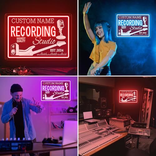 Image of Custom Recording Neon Sign, Personalized Guitar & Microphone Name LED Sign, Customized Gifts for Musicians Audiophiles Enthusiasts, Dimmable Large Neon Light Up Music Signs, Music Studio Room Decorations