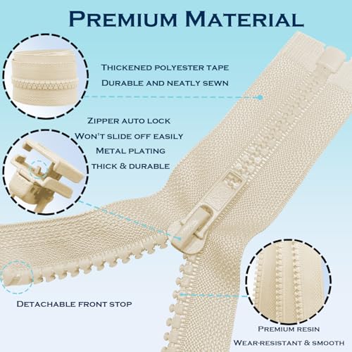 Image of ANPURZII 2PCS #5 12 Inch Beige Separating Jacket Zippers for Sewing Coats, Molded Plastic Bulk Zippers(Beige 12 inch 2PCS)