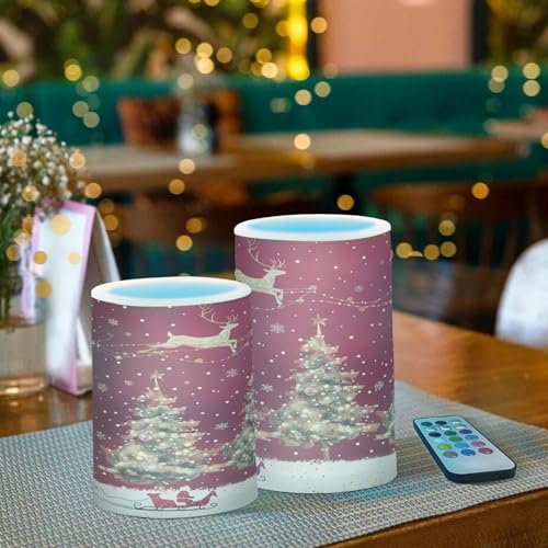 Image of Christmas Lights Flameless Candles Christmas Trees Reindeer Pillar Candles Set of 2 Battery Operated Remote Control Warm Lights Home Decor