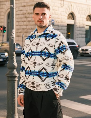 ZAFUL Men’s Retro Geometric Aztec Polar Fleece Sweatshirt – Quarter Zip Pullover with Fuzzy Contrast and Kangaroo Pocket2