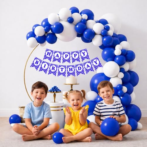 Image of Rozi Decoration Blue and White Balloon Decoration Kit with Happy Birthday Paper Banner, 32 Pieces Party Decor Set for Birthday Celebration, Home and Event Decoration
