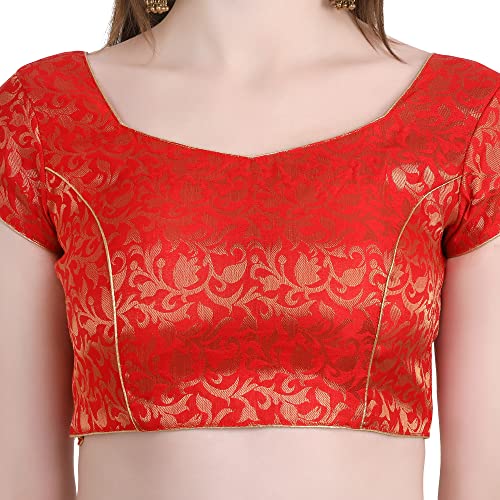 Image of Women's Short Sleeve Brocade (Chanderi) Readymade Stitched Saree Blouse Ready to Wear Half Sleeves Ladies Blouse