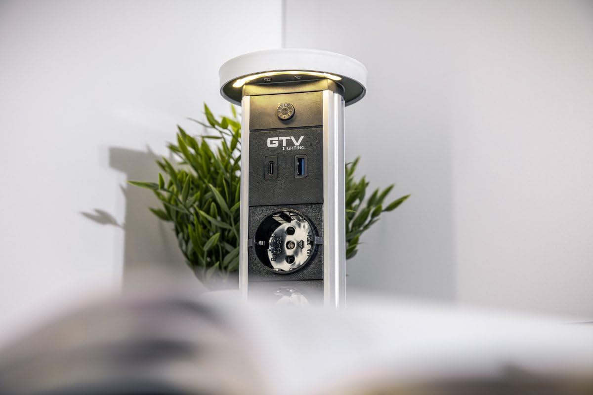 GTV Prise de table encastrable CAMINO 80 mm, 2 x français, USB-A+C, charge à induction 10 W, câble de 1,5 m, blanc - Solution parfaite pour les lieux de travail modernes