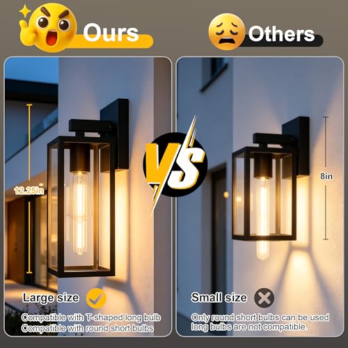 Image of Kalium Porch Lights Outdoor Wall Light Fixture 2pcs, Matte Black, Wall Sconce 12.4 in, Toughened Frame, Clear Glass Shade, Waterproof Lanterns, for Patio, Exterior, Front, Door, Entryway