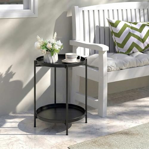 Miniatura 4 de Hollyhome Mesa Auxiliar Redonda Mesa De Café Té, Bandeja De Metal De 2 Niveles, Mesita De Noche Mesita De Sofá Para Sala De Estar Dormitorio Balcón Patio, Negro