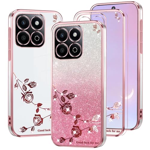 Coque Honor X7c fleur rose paillettes en silicone transparent