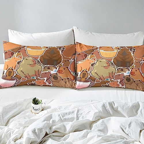 Parure de lit capybara une place avec housse de couette orange et marron - 6