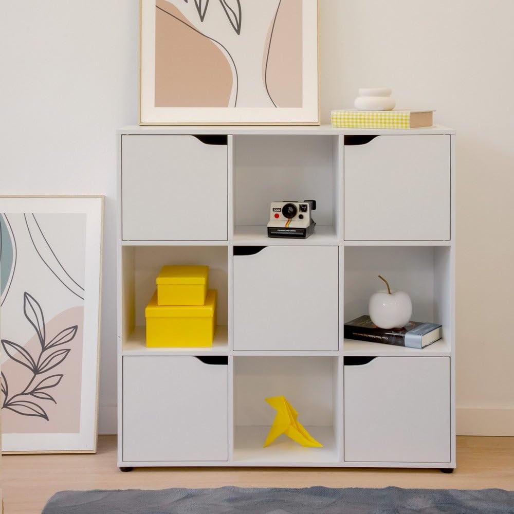 Estantería Cubo con 9 estantes y 5 puertas color blanco de 90x90x29 cm | Mueble de almacenaje compacto de tablero laminado de 12mm con puertas y huecos abiertos para dormitorio, salón o despacho