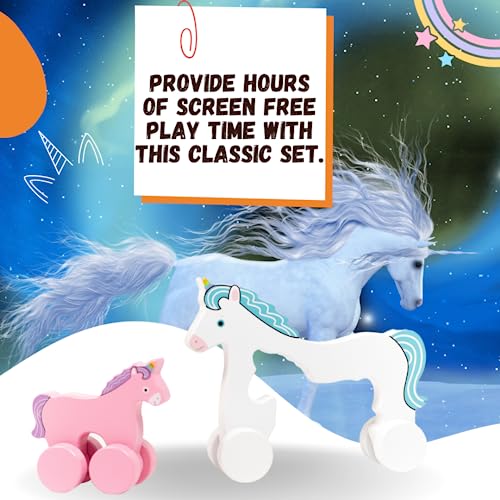Image of Jack Rabbit Creations Big & Little Unicorn Push Toy 2 in 1 Wooden Roller Animals- Pull STEM Toys for Toddlers Develops Coordination and Fine Motor Skills- Ages 18 Months+