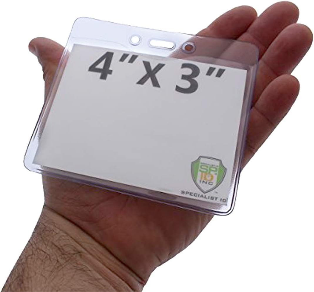 Bulk 100 Pack - 4x3 Name Badge Holder with Lanyard - Clear Plastic Horizontal 4 x 3 Event Card Protector, Trade Show Ticket, Conference Nametag Holder by Specialist ID