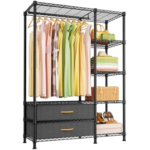 Ulif F3 Heavy Duty Clothes Rack（With Fabric Drawers）Freestanding Clothing Racks for Hanging Clothes，Adjustable Closet Organizer System，Portable Garment Rack 40" W x 15" D x 72" H，Max Load 700LBS，Black Cover