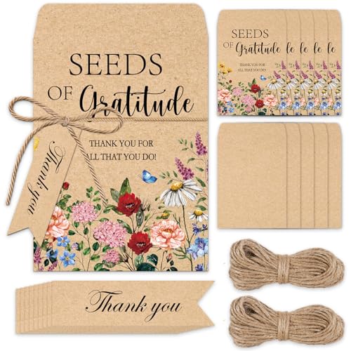 JarThenaAMCS 50 Sets Spring Wildflower Seed Packets Seeds of Gratitude Adhesive Kraft Envelopes Floral Seed Storage Bags with Thank You Tags for Guest Birthday Wedding Party Favors(No Seeds Include)
