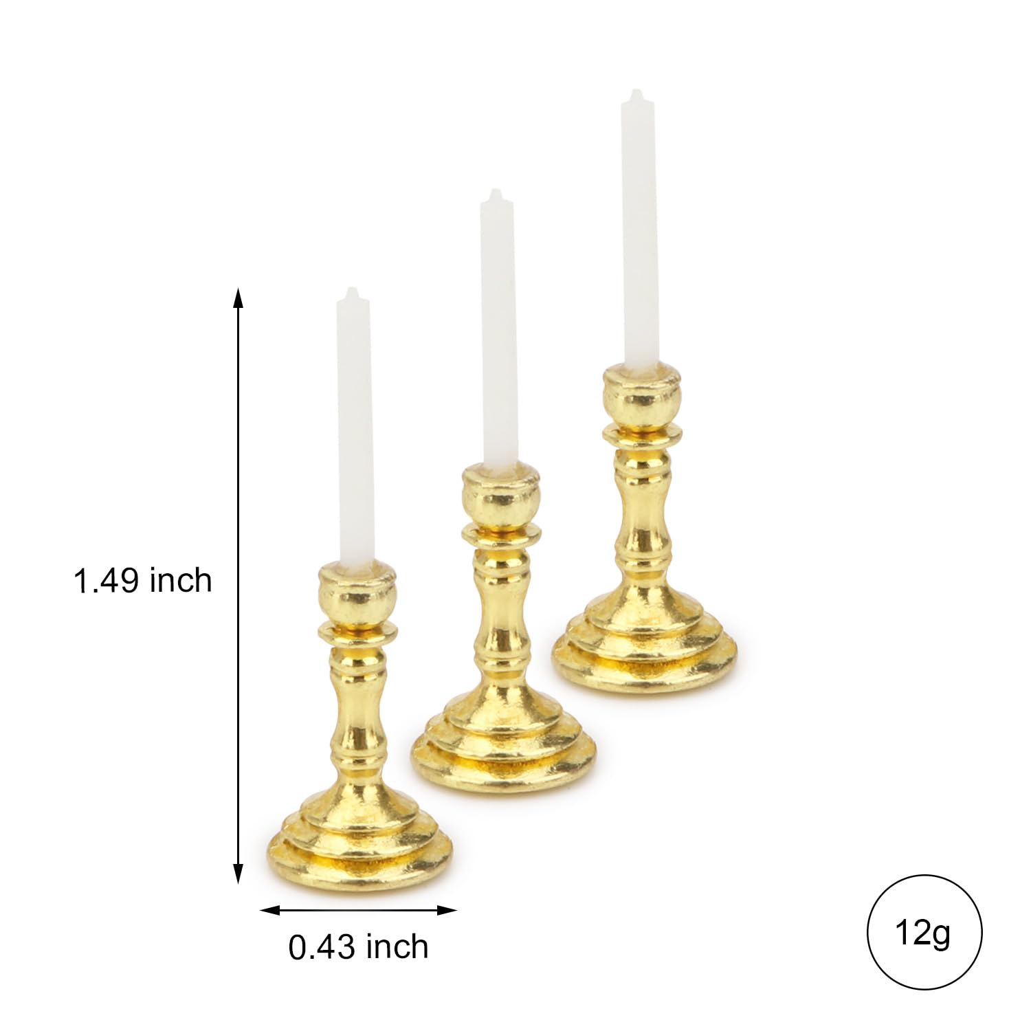 Juego de 3 candelabros en miniatura para casa de muñecas, juego de 3 portavelas a escala 1/12, velas vintage para casa de muñecas, accesorios de adorno de escritorio con base redonda de metal para 5