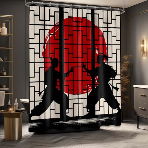 Image of Anime Shower Curtain Japanese Black and Red Asian Cool Shower Curtains for Mans Bathroom Decor Sets, Waterproof Cloth Fabric with Hooks, 70x72 Inch