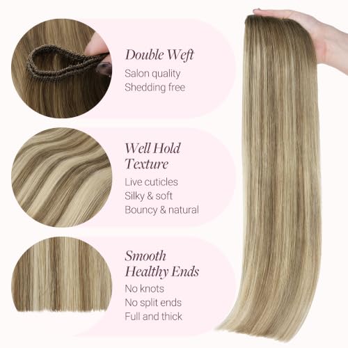 Image of GOO GOO Sew in Hair Extensions Real Human Hair, Weft Hair Extensions Human Hair, #8E /61 /8E Caramel Latte Mocha with Ash Blonde Highlights 20 Inch 100g, Weft Bundles Straight Silky Remy Hair