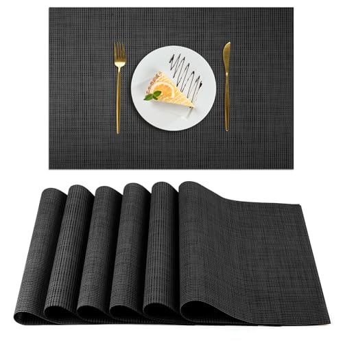 AUAUY Tischsets Abwaschbar 6er Set, Platzset PVC Hitzebeständig rutschfest Abgrifffeste, Gewebte Platzdeckchen, Platzdeckchen für Küche Speisetisch Hotel, Platz-Matten 45x30cm (Schwarz)