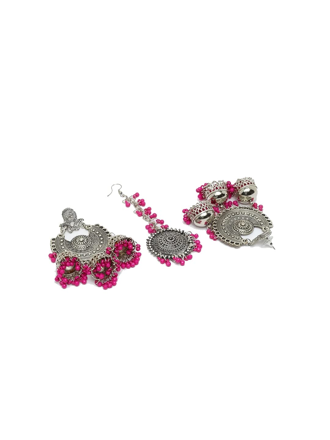 Oxidised Silver-Toned & Pink Beaded Jewelry Set