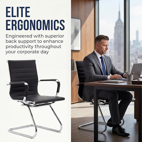 Image of Conference Room Chairs Set of 6, Waiting Room Chairs with Arms, Faux Leather Reception Chairs No Wheels, Office Guest Chairs with Mid Back Support and Chrome Sled Base, Black