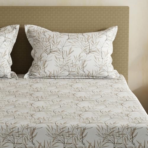 Image of Layers 100% Cotton Bedsheet for Double Size Bed | Lumina Floret Collection | 144 TC Soft & Breathable | Floral Print with 2 Pillow Covers | Wrinkle Free & Colorfast | 3 Pc Bedding Set - White & Beige