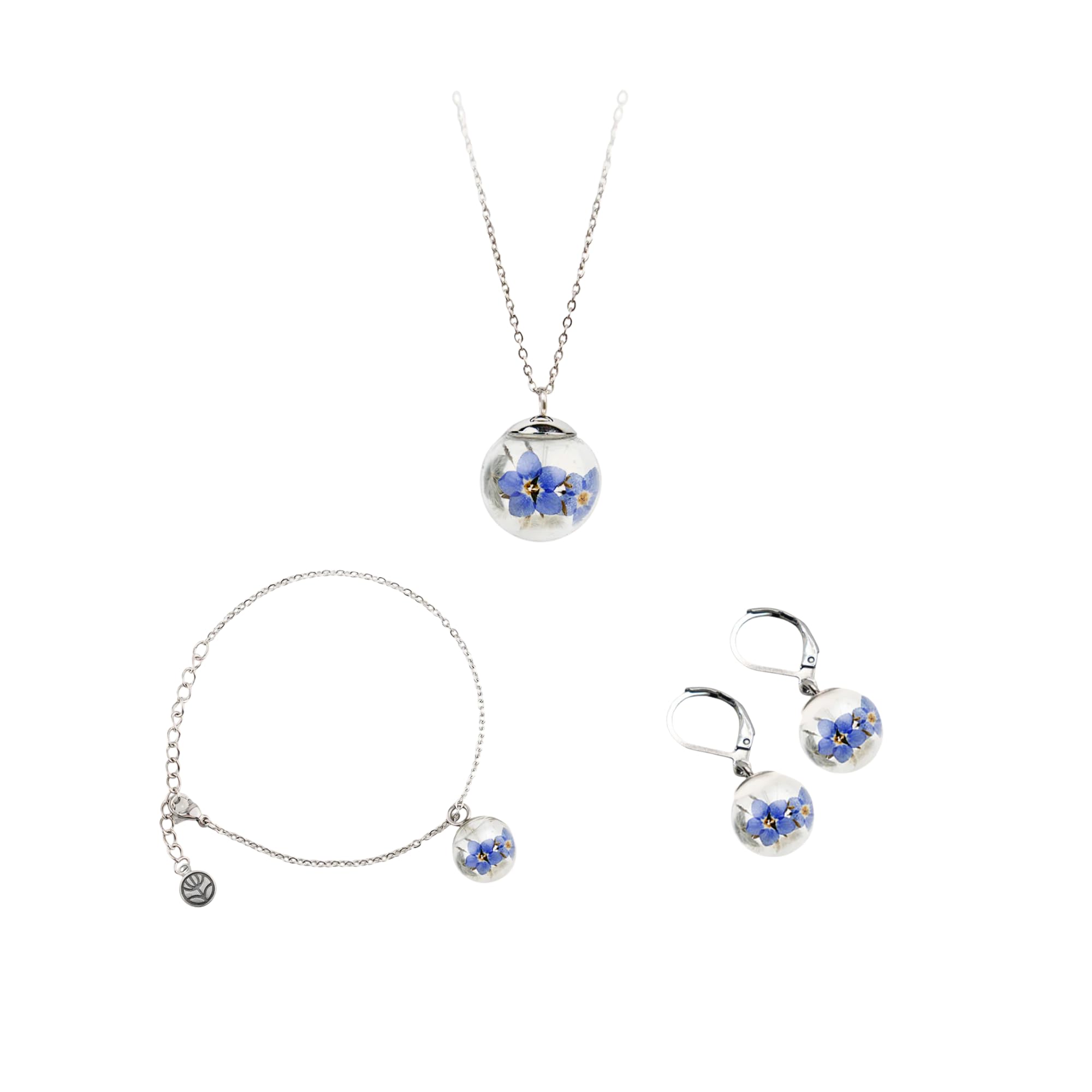 Parure Donna | Collana Maglie Elegance + Bracciale + Orecchini con Fiori Veri Essiccati in Ampolla di Vetro | Acciaio Inox AISI 316 | Made Italy