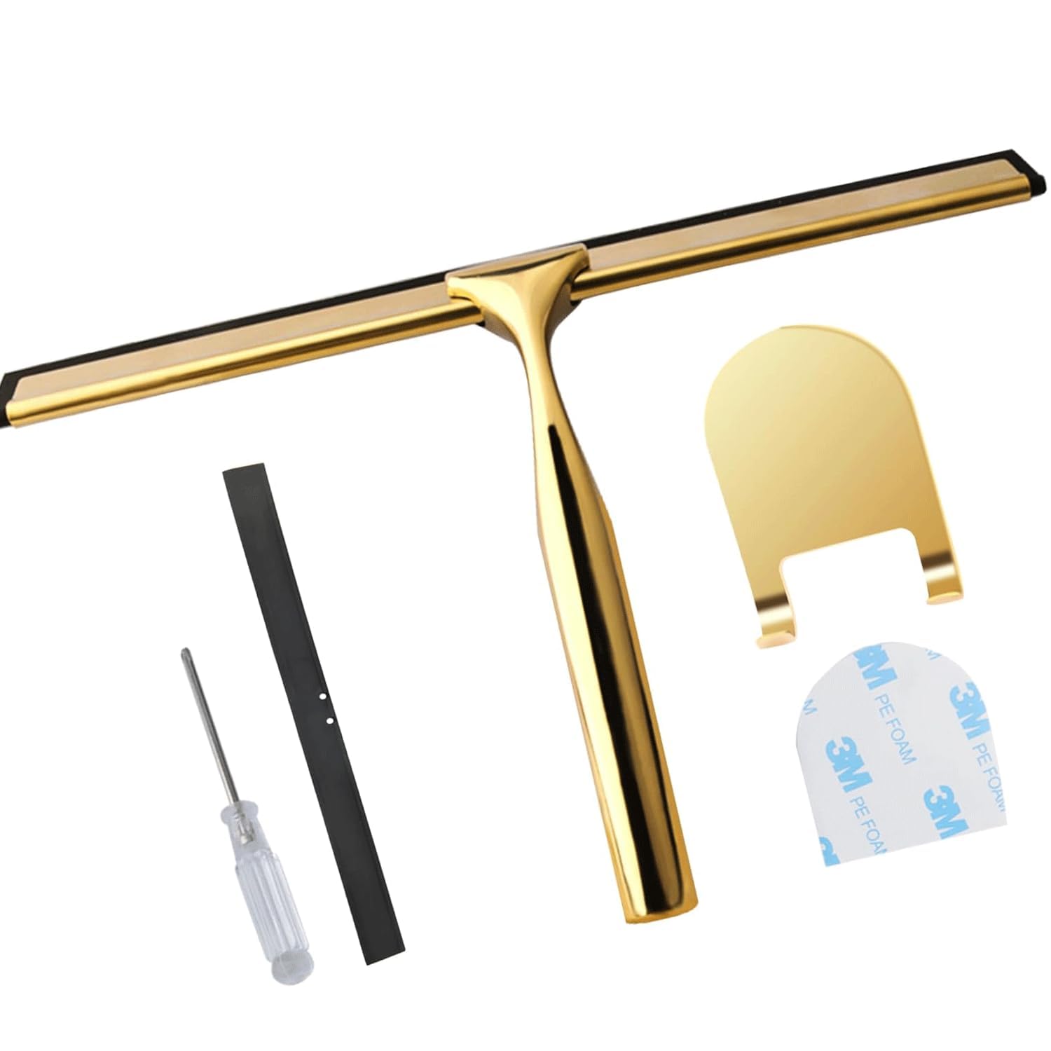Shower Squeegee Gold, 10Inch Window Bathroom Squeegee Metal Shower Screen Wiper with Hook, Window Scraper Cleaner for Shower Glass Door