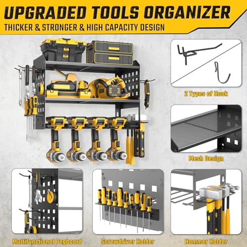Image of SUNALLY Power Tool Organizer, Heavy Duty Wall Mount Tool Organizer 3 Layers with 4 Drill Holders, Garage Tools Storage Rack with 2 Side Pegboards and Hooks for Workshop, Shed, Black