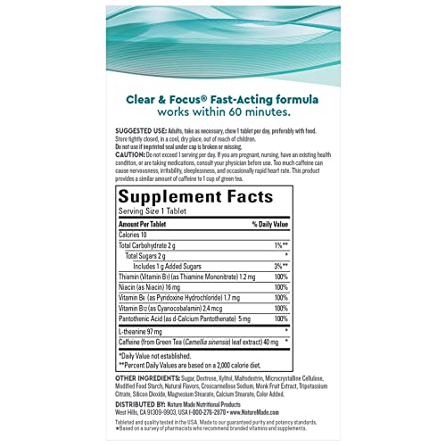 Nature Made Wellblends Clear & Focus, L-Theanine, Green Tea Caffeine, 5 B Vitamins, Fast-Acting Formula, 30 Chewable Tablets, Peppermint Flavor #TOP4