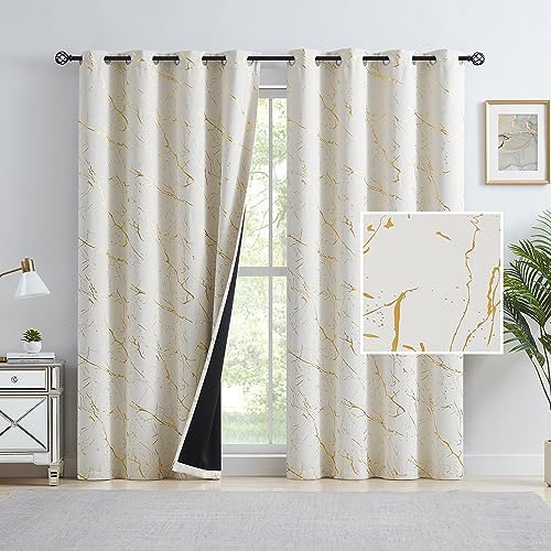 Metro Parlor Beige Gold Metallic Marble 100 Percent Blackout Curtains Window Treatments for Bedroom, Grommet Thermal Insulated Room Darkening Glitter Curtains for Living Room, 2 Panels, 52×84 Inch