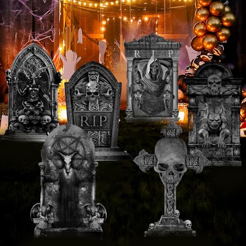 ontigola 16 Inch Halloween Graveyard Tombstones Prop Yard Stakes Signs 6 Styles Outdoor Headstones for Cemetery Halloween RIP Graveyard Tombstones Outdoor Props Yard Decorations with Stakes
