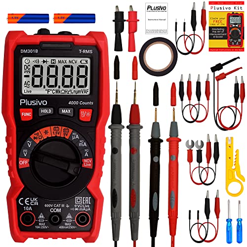 Digital T-RMS Multimeter AC DC Voltmeter Ohm Volt Amp NCV Diode Capacitance Buzzer with Set of Test Leads, Probes, Wire Stripper DM301B from Plusivo