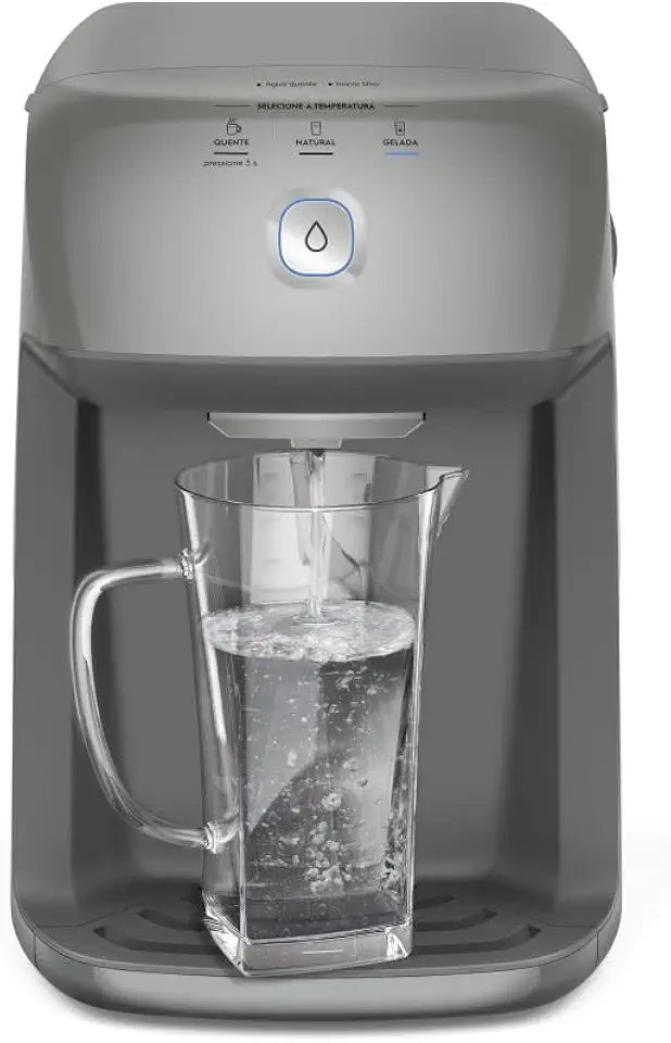 Purificador de Água Quente 800ml Gelada 2,4L Fria e Natural Motor Compressor controle de temperatura reservatorio de 3,3L total Alerta troca de Filtro refil 6 meses ou 3000l Cinza PH41X 220V