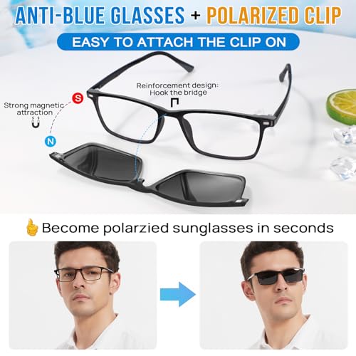 Image of Blue Light Blocking Glasses Men with Polarized Sunglasses Clip for Driving, Computer Glasses Reduce Eyestrain