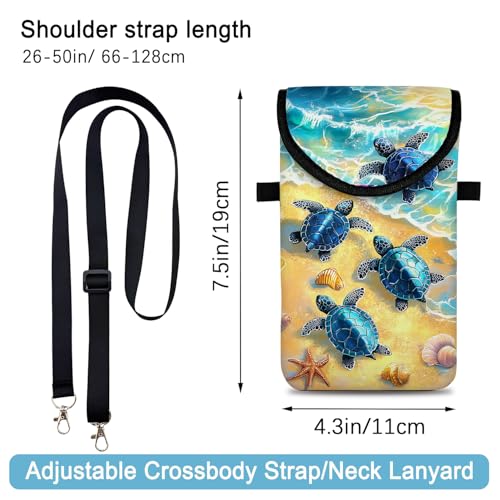 Image of Neoprene Cell Phone Sleeve Pouch Case Bag with Crossbody Strap Neck Lanyard for Women 7.5 X 4.3 in Turtle
