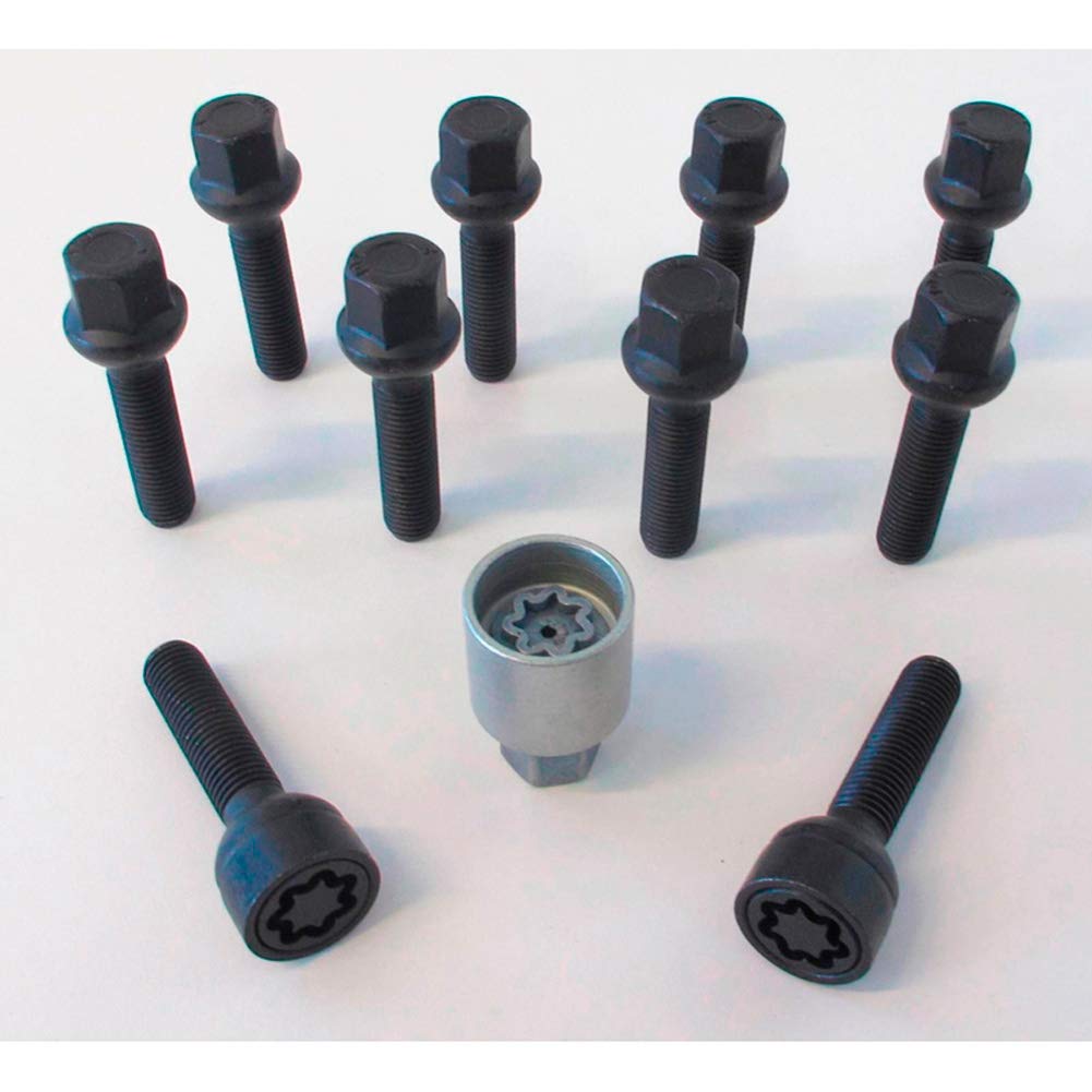 H&R Set Bulloni Ruota sferici R13 M14x1.50 - Lunghezza 38mm - Nero - 10 Pezzi (pe. per VAG) - incl. Bulloni Antifurto