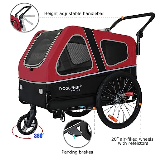 Doggyhut S-Line XL Hundeanhänger & Hundebuggy mit Federung 2 in 1 Hunde Fahrradanhänger Jogger gefedert bis 45 kg (Rot/Schwarz)