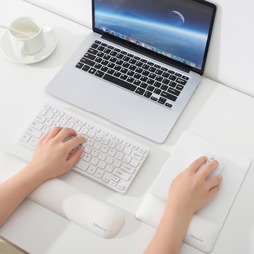 Image of UnivoColors Design-Wave Set of Keyboad Wrist Rest & Mouce Pad,Artificial Sheepskin+Memory Foam+Ergonomic+Anti-Slip Gel, Resilience Support During Work and Gaming,Keyboard Accessory,White
