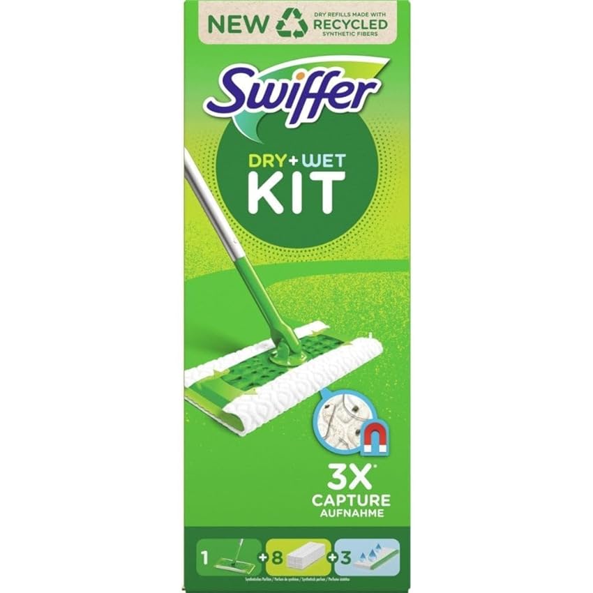 Swiffer Starter Kit Catturapolvere E Lavapavimenti Per La Pulizia Di Pavimenti In Legno E Altri Materiali, Include: 1 Scopa, 8 Panni Catturapolvere, 3 Panni Lavapavimenti