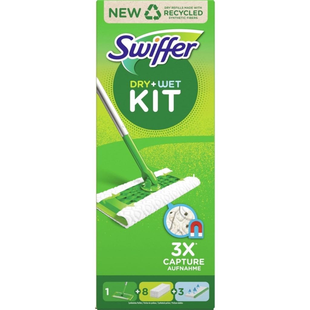 Swiffer Starter Kit Catturapolvere E Lavapavimenti Per La Pulizia Di Pavimenti In Legno E Altri Materiali, Include: 1 Scopa, 8 Panni Catturapolvere, 3 Panni Lavapavimenti