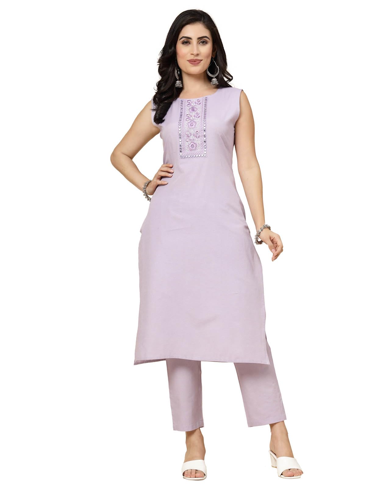 Stylum Women's Embroidered Cotton Blend Straight Kurta Pant Set (In, Alpha, M, Regular, Purple)