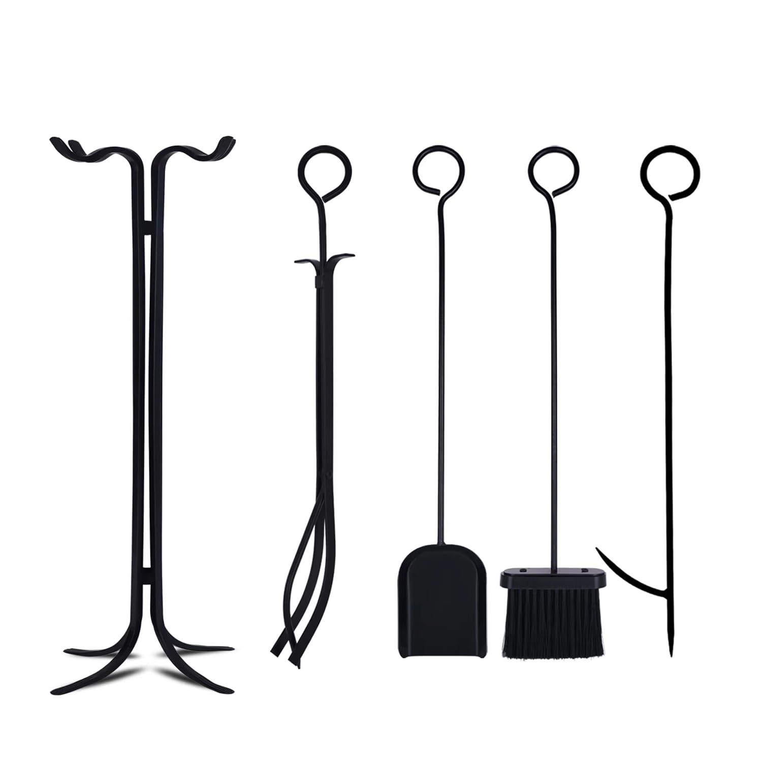 Set di attrezzi per caminetto 5 in 1, per interni ed esterni, in ferro battuto, con attizzatoio, pinza, pala, spazzola, supporto per braciere Fireset