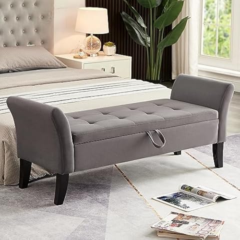 NIOIIKIT 51.5” Storage Ottoman Bench, Velvet Upholstered Entryway Bench, End of Bed Button Tufted Ottoman Bench, Bedroom Bench with Flip Top, Long Bench for Bedroom, Living Room (Grey) Cover