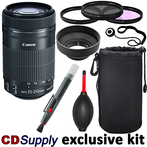 Canon EF-S 55-250mm F4-5.6 IS STM Telephoto Zoom Lens for Canon Digital SLR Cameras, includes; 9pc CD Supply Accessory Kit